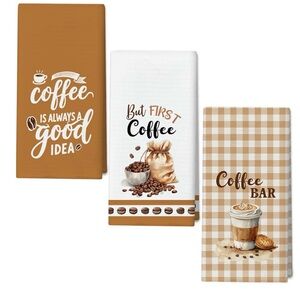 Coffee-Themed Kitchen Towel Set - Brown and White